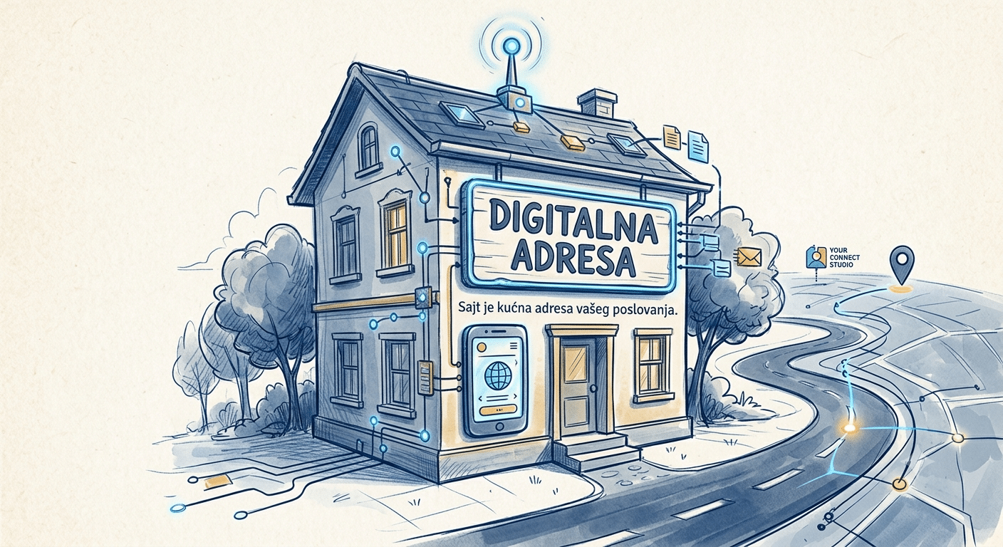 Kuća na putu na kojoj piše digitalna adresa koja asocira na sajt. Dalje niz put stoji tabla Your Connect Studio.